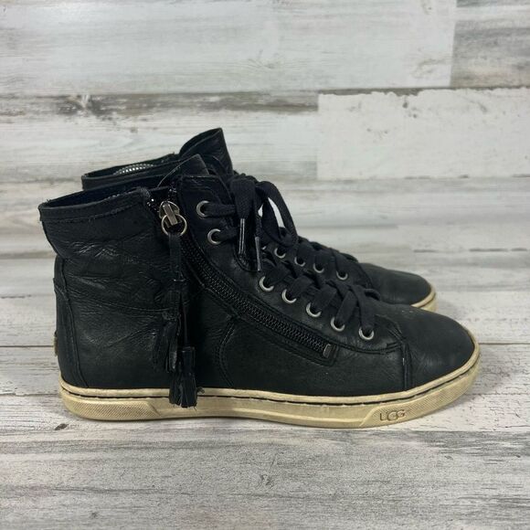 UGG Womens Blaney High Top Tassel Leather Zip Lace Up Sneakers Black Size‎ 6.5 - Picture 1 of 8